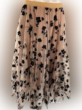 Chicwish Nude Mesh Maxi Skirt with Black Floral Appliqué